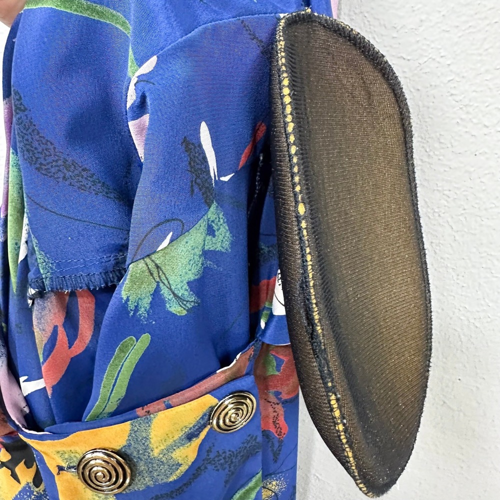 Vintage Midi Dress Women Size M Blue Floral 80s Drop Waist Retro Shoulder Pads - Picture 11 of 11